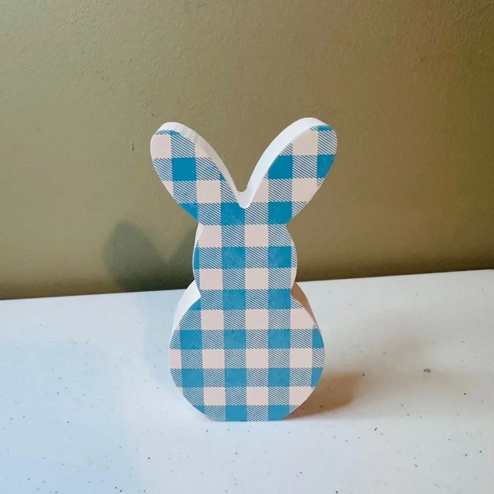 Small HELLO SPRING wood sign AND Easter Bunny Buffalo plaid spring tiered tray